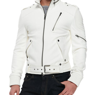 Mens white leather jacket, men biker leather jacket - Thumbnail 2