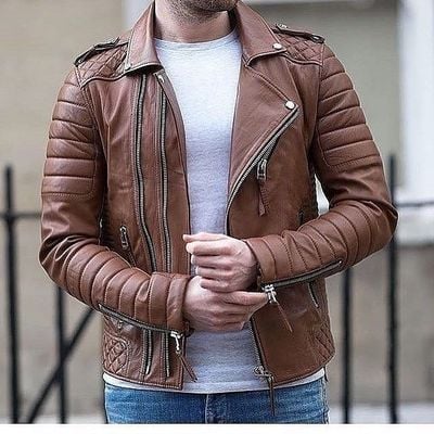 New handmade men's brown genuine lamskin leather fashionable biker jacket - Thumbnail 3