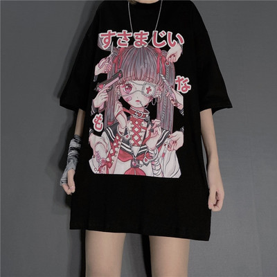 Cute japanese girl punk goth print oversized short sleeve shirt tee t-shirt e-girl kawaii korean japanese harajuku retro streetwear aesthetic