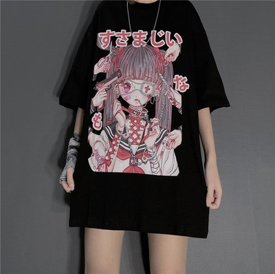 Cute Japanese Girl Punk Goth Print Oversized Short Sleeve Shirt Tee T-shirt E-Girl Kawaii Korean Japanese Harajuku Retro Streetwear Aesthetic