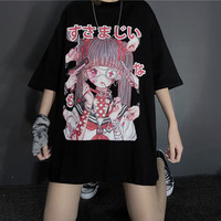 Cute Japanese Girl Punk Goth Print Oversized Short Sleeve Shirt Tee T-shirt E-Girl Kawaii Korean Japanese Harajuku Retro Streetwear Aesthetic - Thumbnail 2