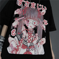 Cute Japanese Girl Punk Goth Print Oversized Short Sleeve Shirt Tee T-shirt E-Girl Kawaii Korean Japanese Harajuku Retro Streetwear Aesthetic - Thumbnail 4