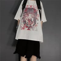 Cute Japanese Girl Punk Goth Print Oversized Short Sleeve Shirt Tee T-shirt E-Girl Kawaii Korean Japanese Harajuku Retro Streetwear Aesthetic - Thumbnail 5