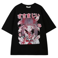 Cute Japanese Girl Punk Goth Print Oversized Short Sleeve Shirt Tee T-shirt E-Girl Kawaii Korean Japanese Harajuku Retro Streetwear Aesthetic - Thumbnail 8