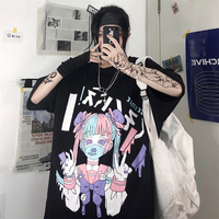 Cute Japanese Girl Punk Goth Print Oversized Short Sleeve Shirt Tee T-shirt E-Girl Kawaii Korean Japanese Harajuku Retro Streetwear Aesthetic - Thumbnail 6
