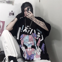 Cute Japanese Girl Punk Goth Print Oversized Short Sleeve Shirt Tee T-shirt E-Girl Kawaii Korean Japanese Harajuku Retro Streetwear Aesthetic - Thumbnail 7