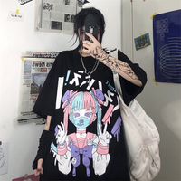 Cute Japanese Girl Punk Goth Print Oversized Short Sleeve Shirt Tee T-shirt E-Girl Kawaii Korean Japanese Harajuku Retro Streetwear Aesthetic - Thumbnail 8