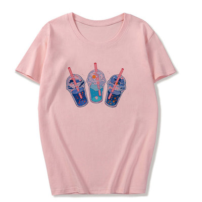 Cute pink milkshakes drink summer pastel print short sleeve shirt tee t-shirt e-girl kawaii korean japanese harajuku retro streetwear aesthetic - Thumbnail 4