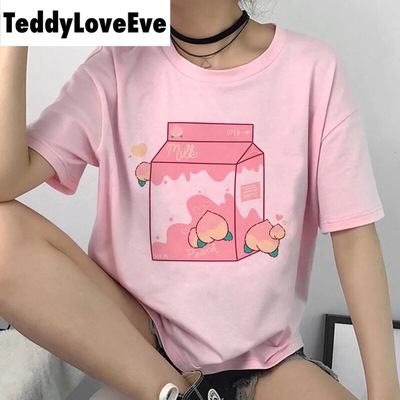 Cute pink peach milk carton pastel print short sleeve shirt tee t-shirt e-girl kawaii korean japanese harajuku retro streetwear aesthetic - Thumbnail 5