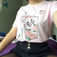 Cute Pink Peach Milk Carton Pastel Print Short Sleeve Shirt Tee T-shirt E-Girl Kawaii Korean Japanese Harajuku Retro Streetwear Aesthetic - Thumbnail 6