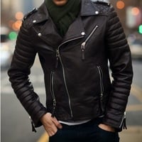 Leather Skin Men Black Authentic Cow Skin Biker Motorcycle Leather Jacket - Thumbnail 2