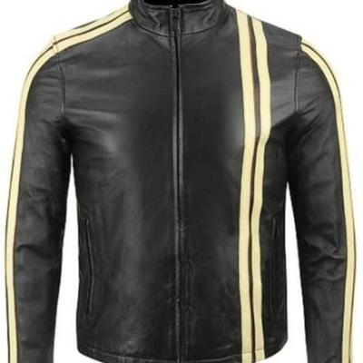Leather skin men black biker motorcycle leather jacket with yellow stripes - Thumbnail 4