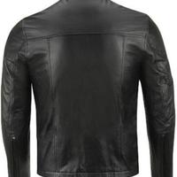 Leather Skin Men Black Biker Motorcycle Leather Jacket with Yellow Stripes - Thumbnail 1