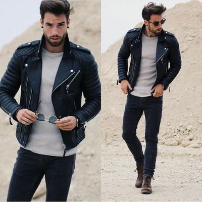 Men's genuine lambskin quilted leather motorcycle jacket slim fit biker jacket - Thumbnail 1