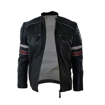 Men's racing black biker jacket red white stripes real leather casual fit black - Thumbnail 3