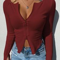 Zipper Design Ribbed Crop Top - Thumbnail 1