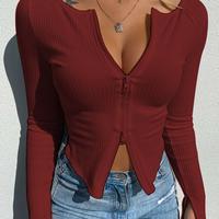 Zipper Design Ribbed Crop Top - Thumbnail 3