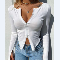 Zipper Design Ribbed Crop Top - Thumbnail 4