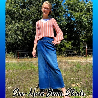 Classic comfort indigo wash denim long skirt - Thumbnail 5