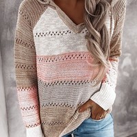 Knitted Colorblock Hollow Out Hooded Sweaters - Thumbnail 1