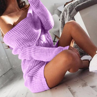 Off Shoulder Knitted Long Sleeve Dress - Thumbnail 1