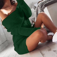 Off Shoulder Knitted Long Sleeve Dress - Thumbnail 3