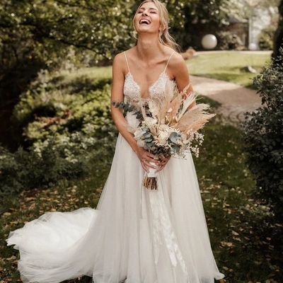 Modest a-line v neck spaghetti straps tulle lace wedding dresses with train - Thumbnail 5