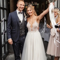 Modest A-Line V Neck Spaghetti Straps Tulle Lace Wedding Dresses with Train - Thumbnail 1