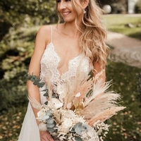 Modest A-Line V Neck Spaghetti Straps Tulle Lace Wedding Dresses with Train - Thumbnail 3