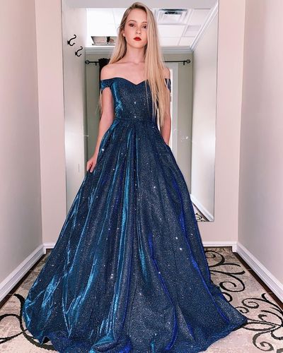 Sparkly Sweet Ball Gown Off the Shoulder Navy Blue Prom Dresses with Pockets