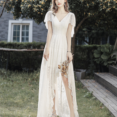 White lace high low prom dress evening dress - Thumbnail 4