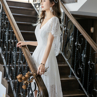 White lace high low prom dress evening dress - Thumbnail 3