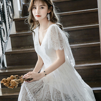 White lace high low prom dress evening dress - Thumbnail 5