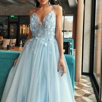 Sweet Cute V Neck Open Back Light Blue Appliques Prom Dresses - Thumbnail 1