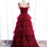 Burgundy tulle long prom dress evening dress - Thumbnail 3