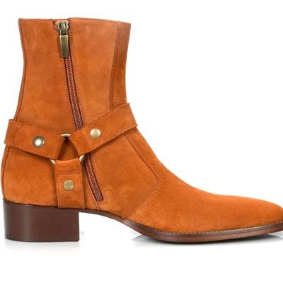 Elegant handmade bespoke tan side zipper ankle high suede boots - Thumbnail 1