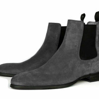 Handmade Trendy Bespoke Gray Chelsea Ankle High Suede Boots - Thumbnail 4