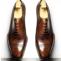 Men Bespoke Handmade Brown Ankle Lace Up Leather Shoes - Thumbnail 1