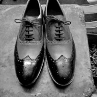 Handmade Oxford Gray Black Color Wingtip Full Brogue Genuine Leather Men's Shoes - Thumbnail 1