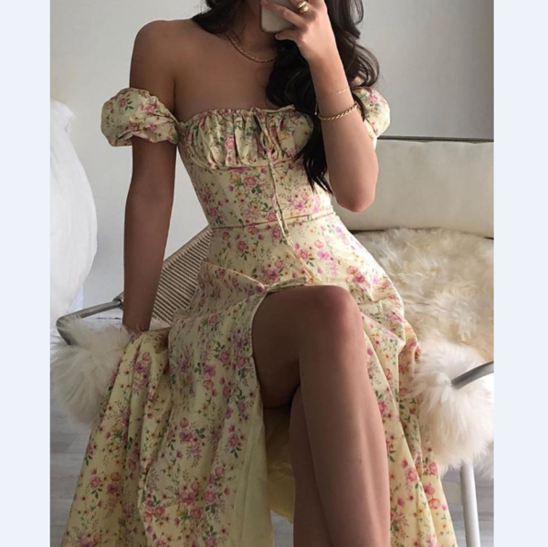 Floral Print Ruched Puff Sleeve High Slit Maxi Dress