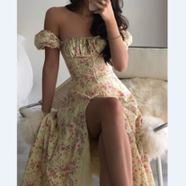 Floral Print Ruched Puff Sleeve High Slit Maxi Dress