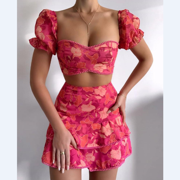 Floral Print Pom Pom Ruffles Top & Layered Skirt set