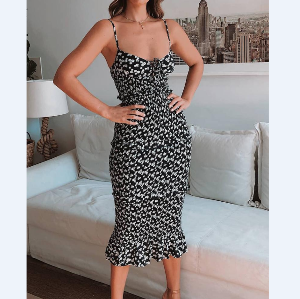 Floral Print Ruffle Hem Midi Dress