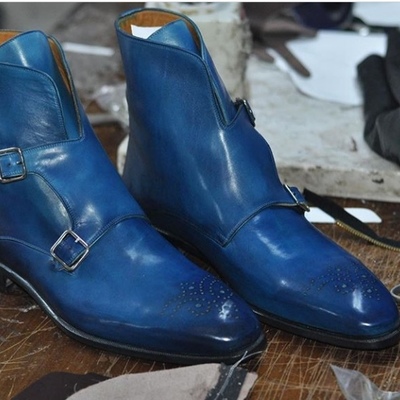 Handmade blue leather buckle boot, men's double monk strap brogue boots - Thumbnail 2