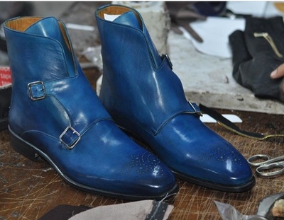Handmade Blue Leather Buckle Boot, Men's Double Monk Strap Brogue Boots