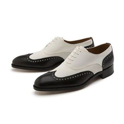 Handmade black and white wing tip leather lace up dress shoes for men's - Thumbnail 2