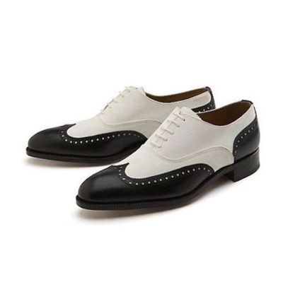 Handmade Black And White Wing Tip Leather Lace Up Dress Shoes For Men's