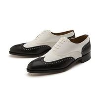 Handmade Black And White Wing Tip Leather Lace Up Dress Shoes For Men's - Thumbnail 1