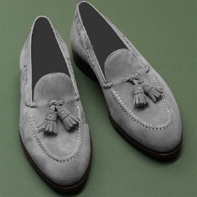 Mens Handmade Loafers Gray Suede Tassels Shoes, Moccasin Tassels Shoes