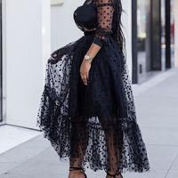 Solid Color Gauze Long-Sleeved Dress - Thumbnail 1